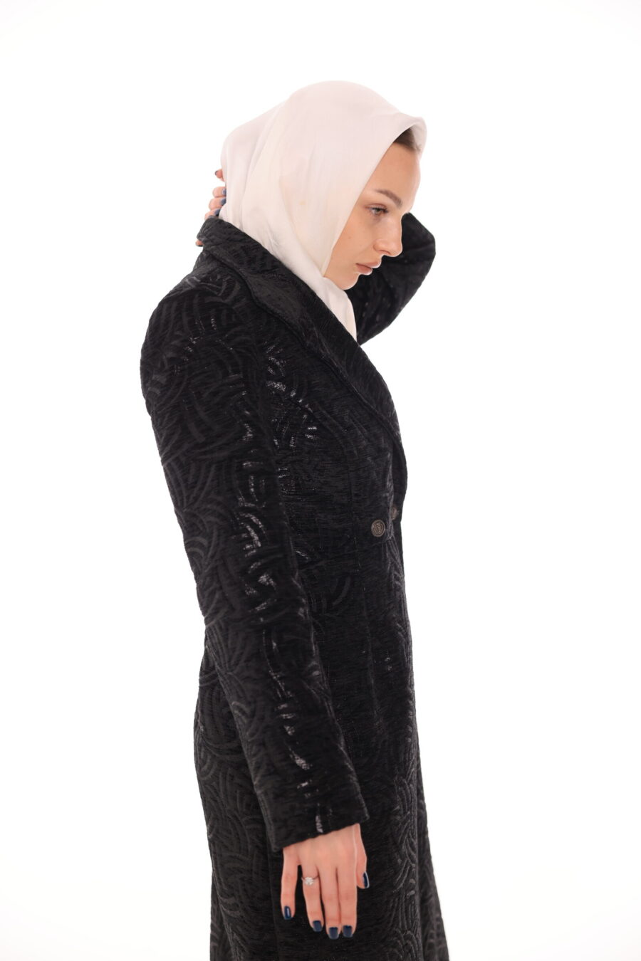 Black Jacquard Long Coat - Image 5