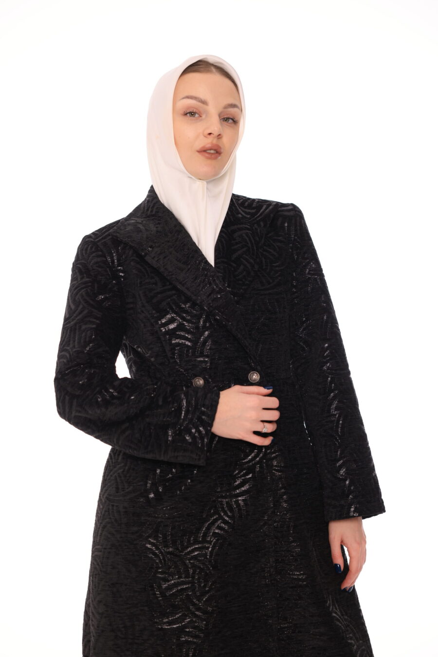 Black Jacquard Long Coat - Image 4