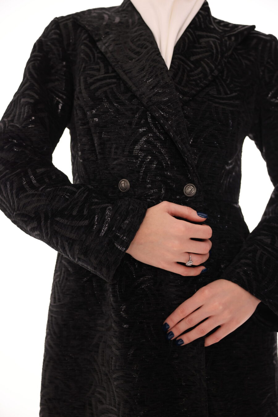 Black Jacquard Long Coat - Image 7