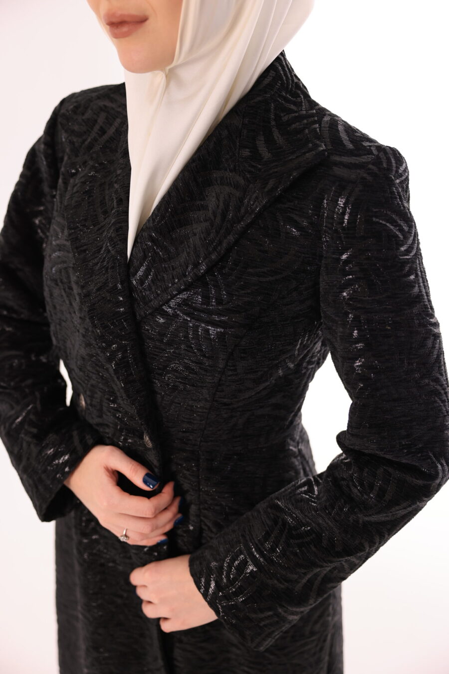 Black Jacquard Long Coat - Image 6