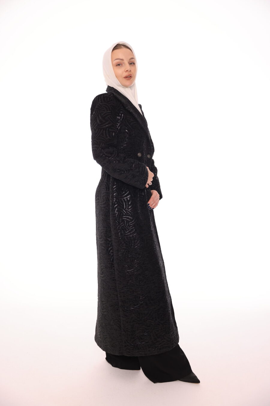 Black Jacquard Long Coat - Image 2